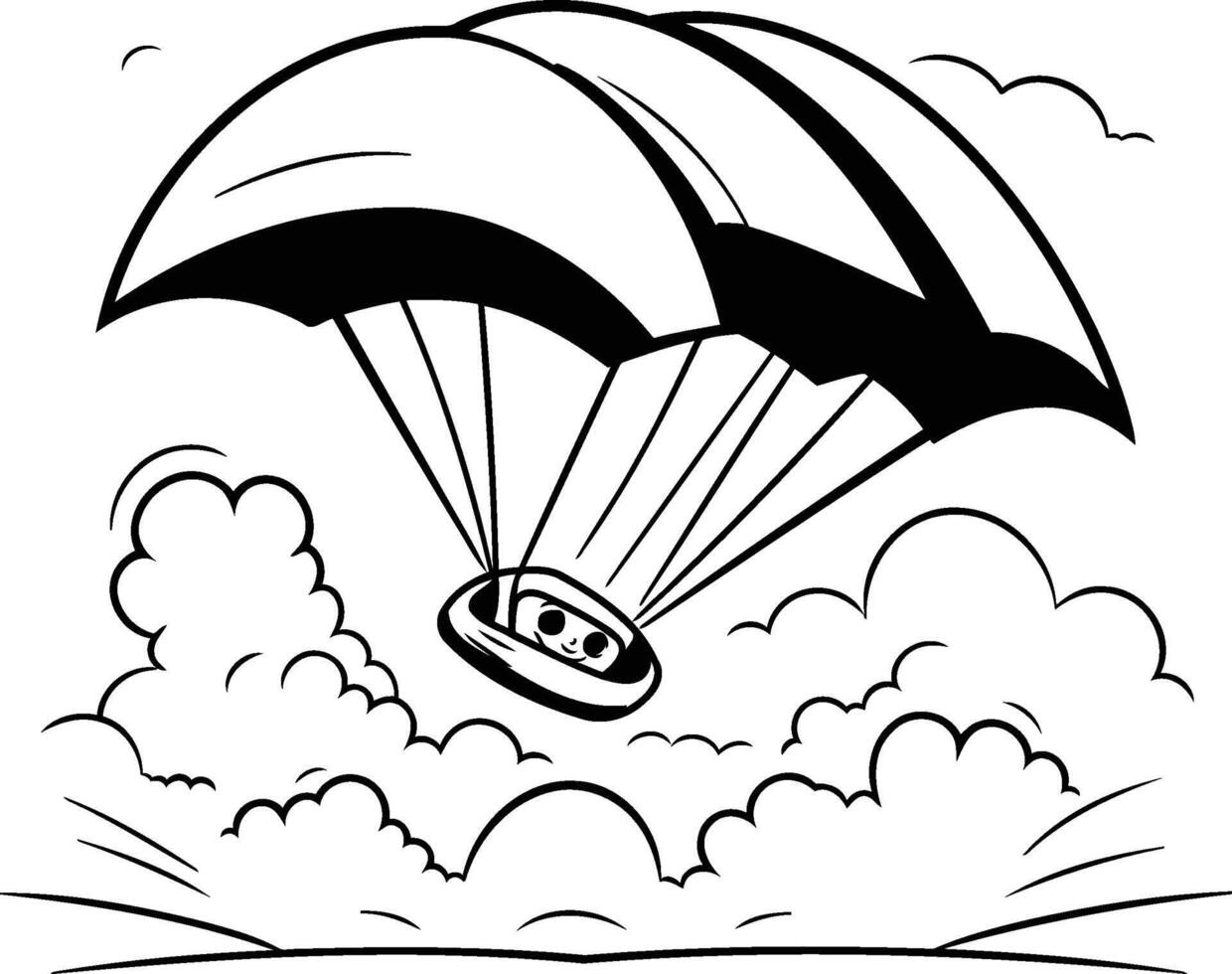 Parachute flying in the sky Black and white element illustration vector