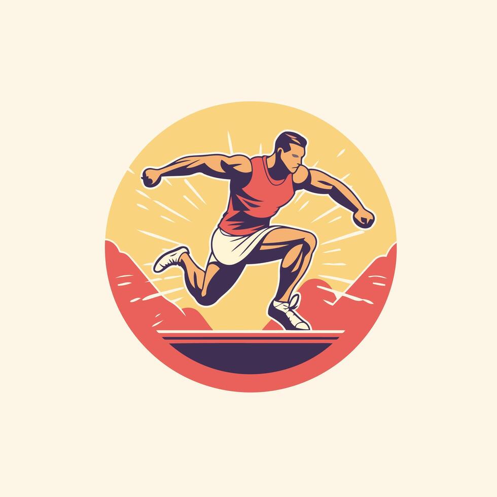 illustration of a runner running in the mountains viewed from front set inside circle done in retro style vector