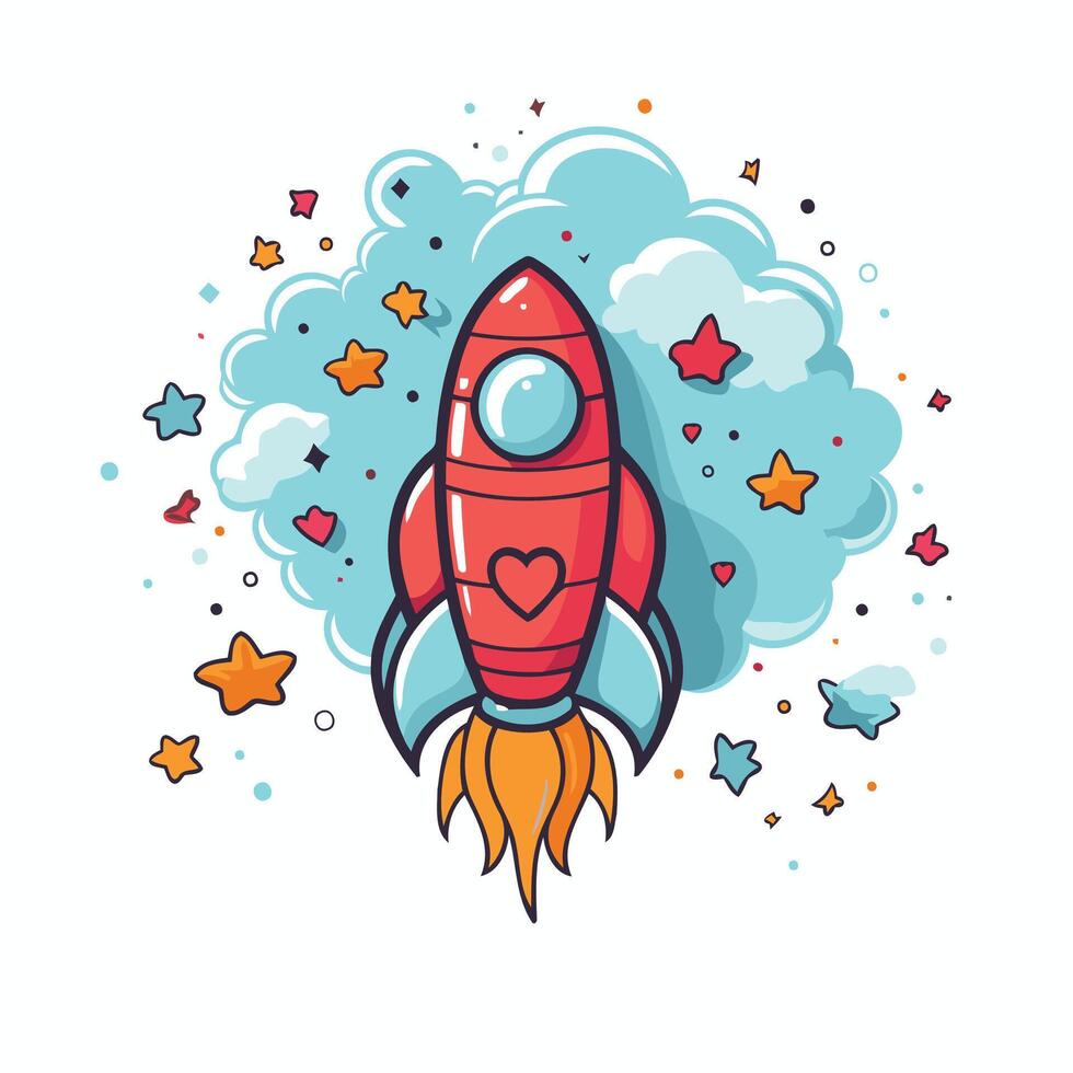 Cartoon rocket with stars and clouds element illustration for your design vector