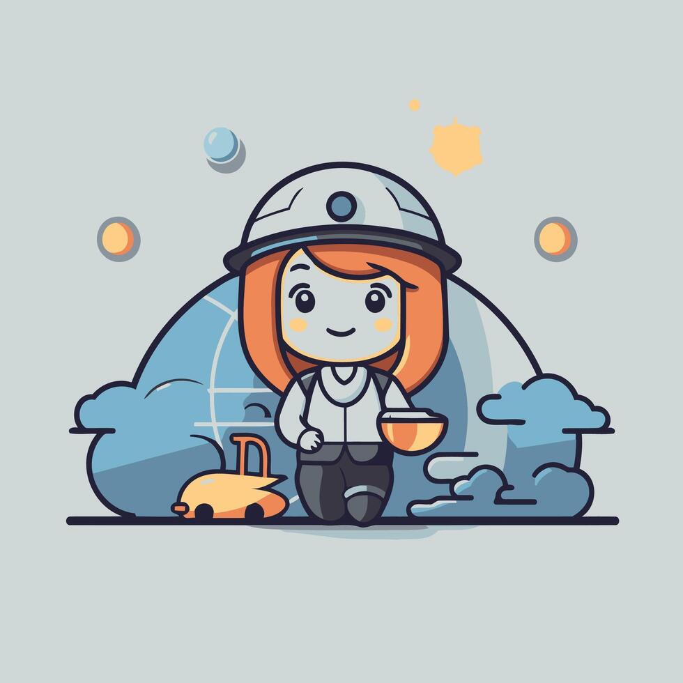Cute cartoon astronaut girl with spaceship illustration Flat design vector