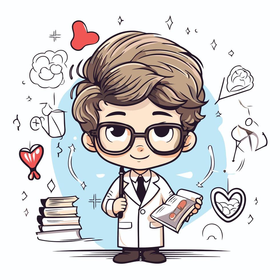 Cute little boy in science lab coat and eyeglasses element illustration vector