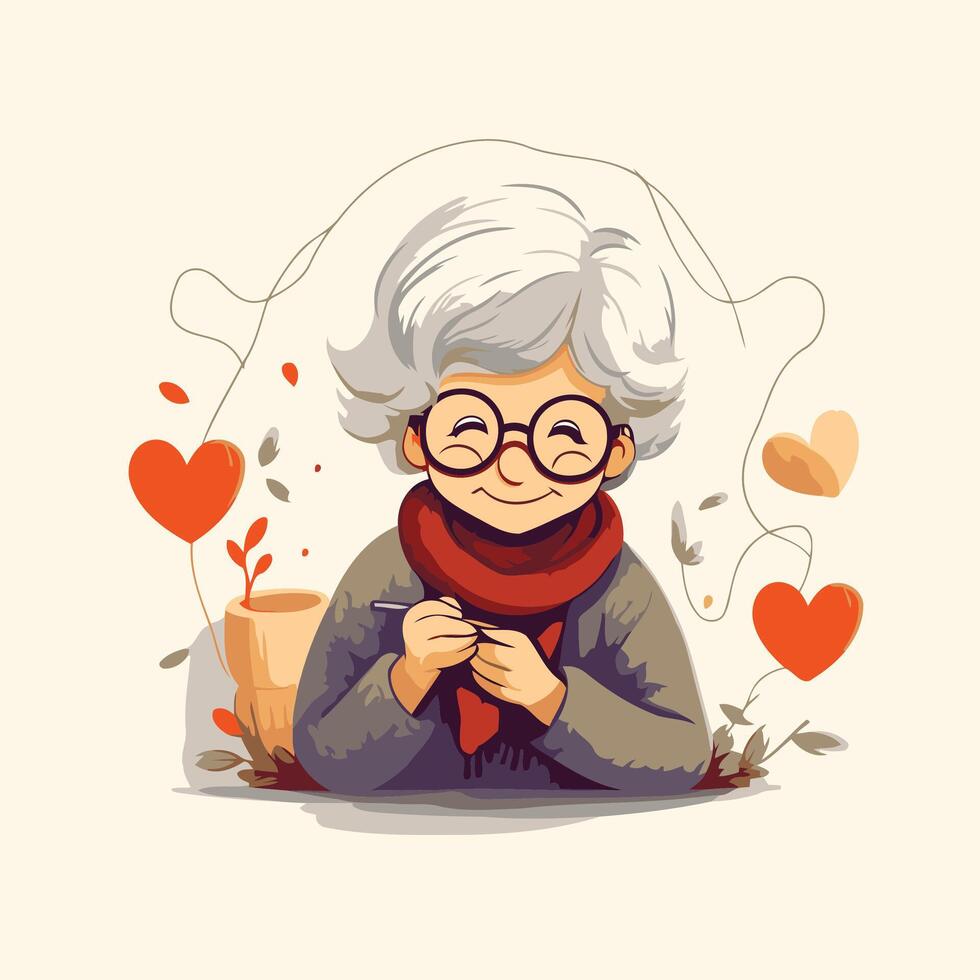 Elderly woman in glasses and scarf sitting on the floor with a cup of coffee element illustration vector