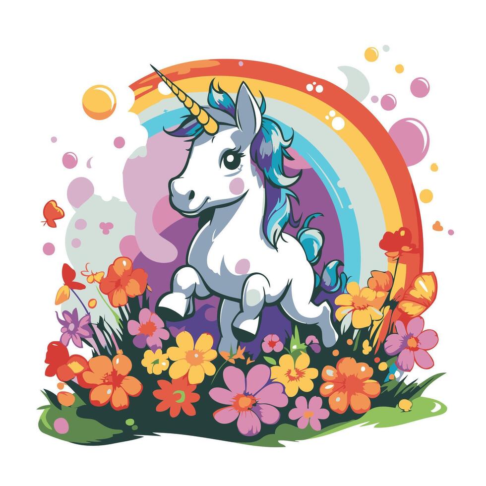 Unicorn with flowers and rainbow element illustration in cartoon style vector