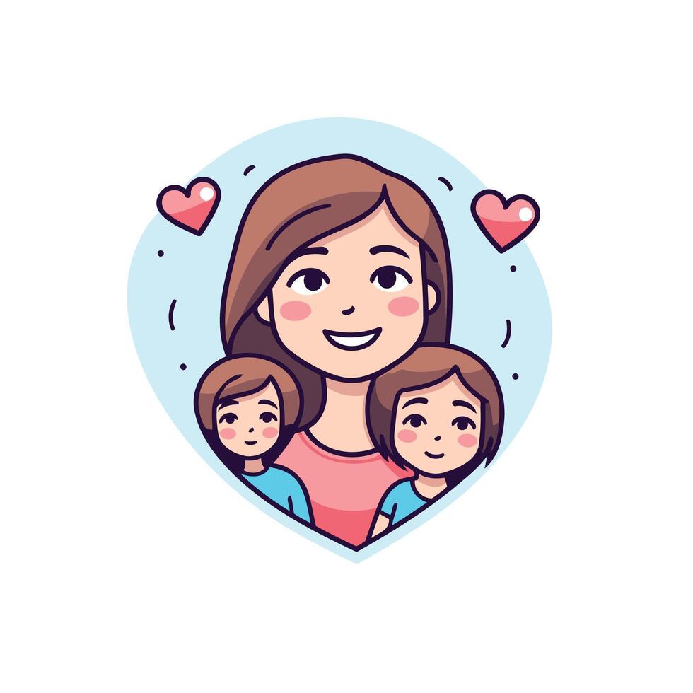 Mother with children in heart shape illustration in cartoon style vector