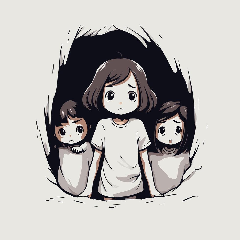 Little girl with her friends in a hole in the wall element illustration vector