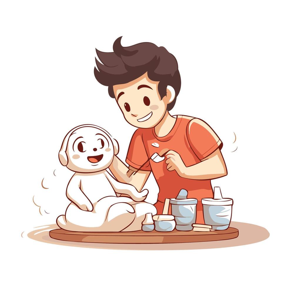 Cute boy playing with dog element illustration in cartoon style vector