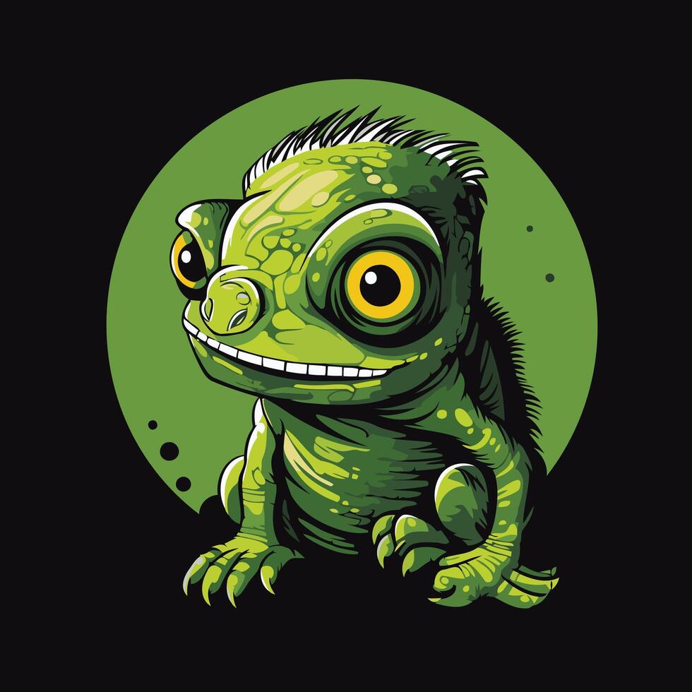 Cute cartoon green iguana on dark background illustration vector