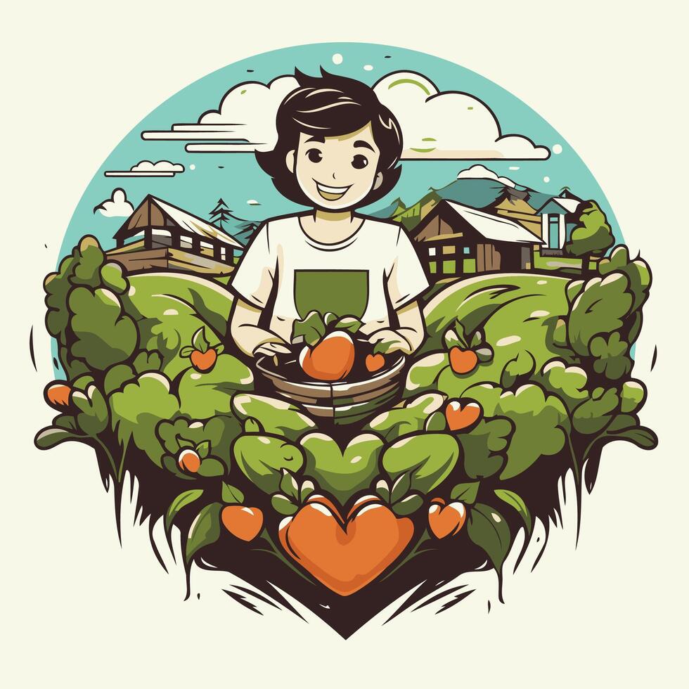 illustration of a young farmer with a basket of freshly picked carrots vector