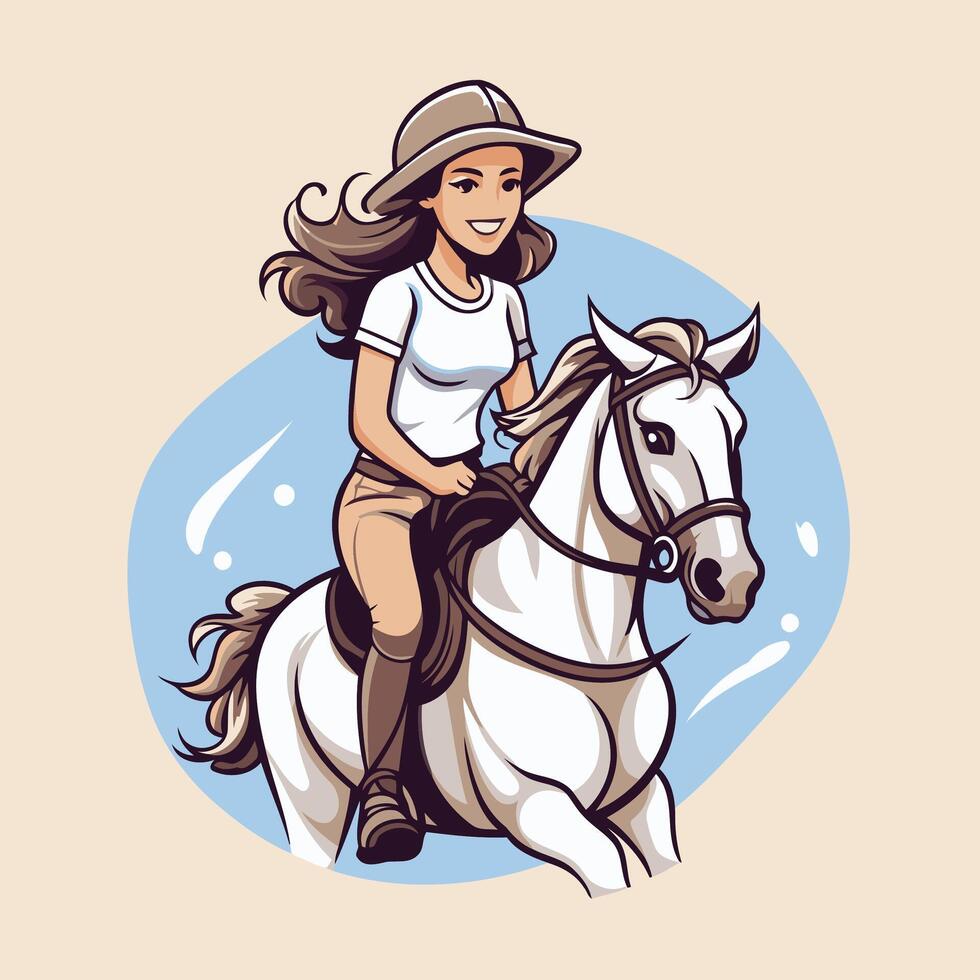 Beautiful girl riding a white horse element illustration in retro style vector