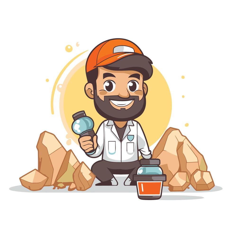 Handsome Miner with a jar of protein and a magnifying glass vector