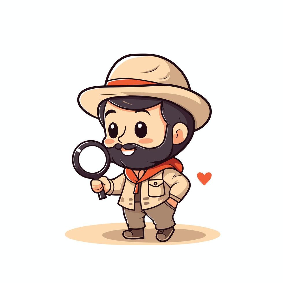 Cute safari explorer boy with magnifying glass cartoon element illustration vector