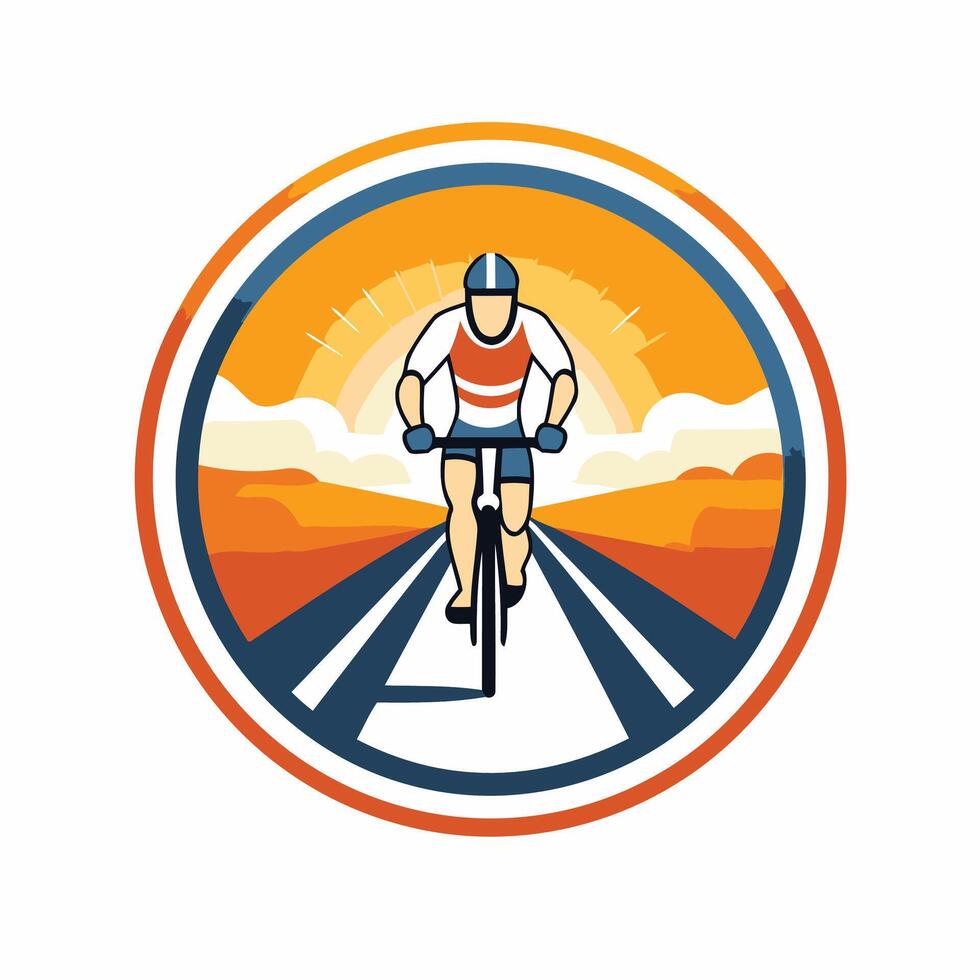Circle shape icon with cyclist riding on road element illustration vector