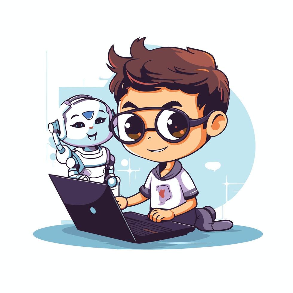 Cute boy working on his laptop element illustration in cartoon style vector