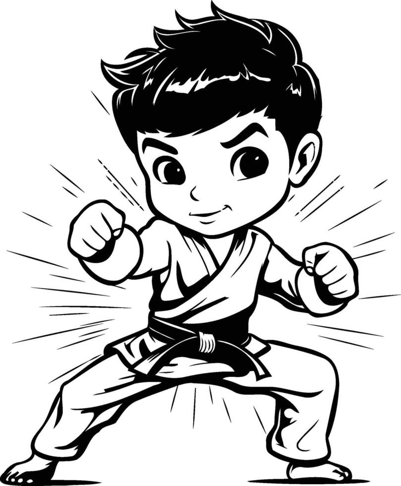 Karate Boy Black and White Cartoon Mascot Illustration vector