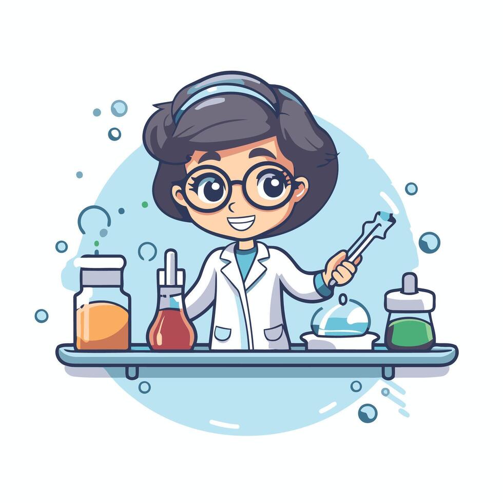 Scientist girl in lab coat and glasses cartoon character illustration vector