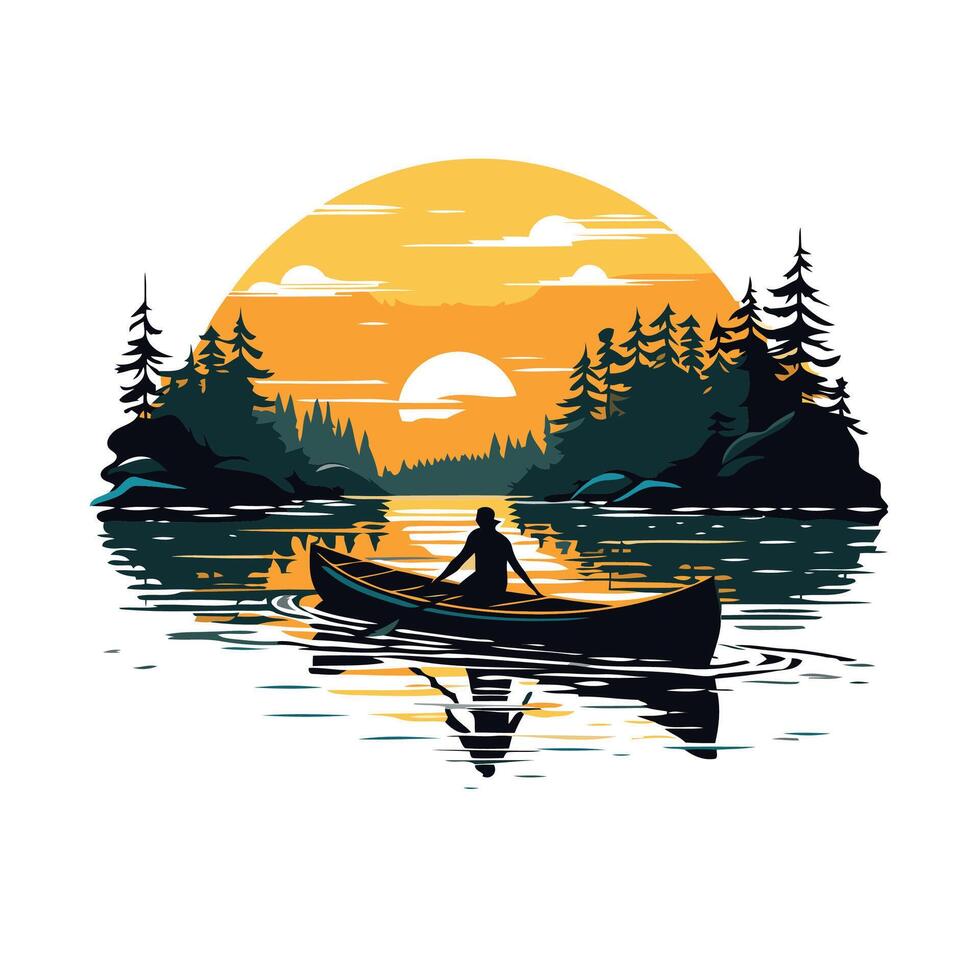Kayaking in the lake at sunset illustration for your design vector