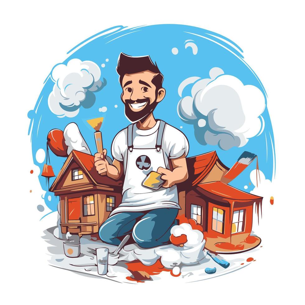 Smiling man paints the house with a paintbrush illustration vector