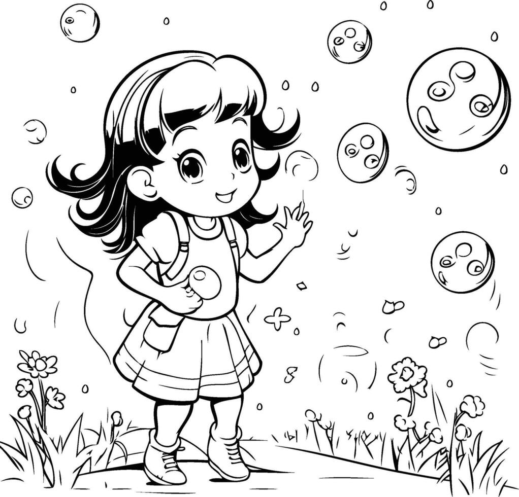 Black and white illustration of a little girl blowing soap bubbles in the garden vector