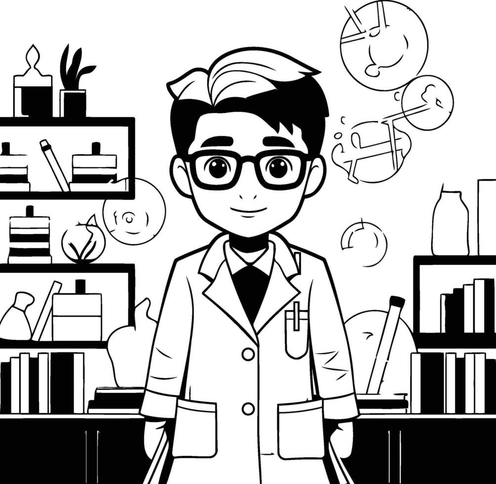 illustration of a man in a lab coat standing in front of bookshelf vector