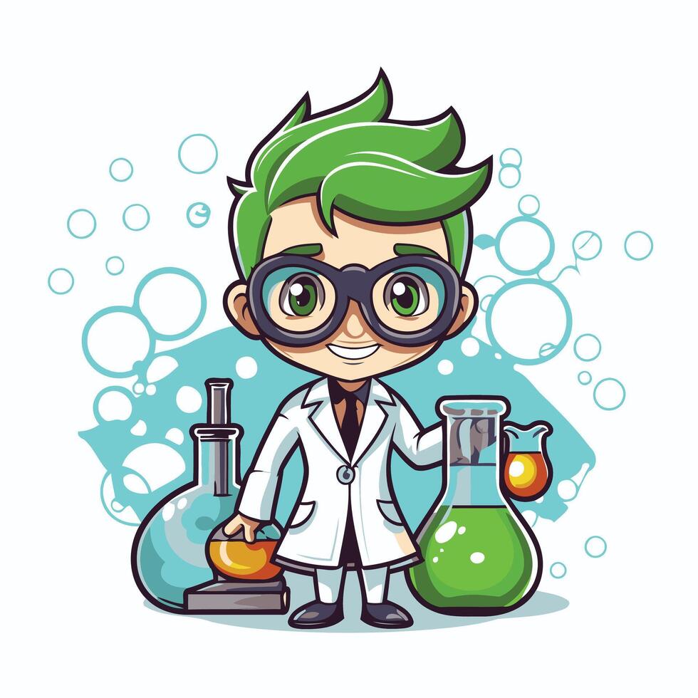 Scientist boy cartoon character with science equipment element illustration graphic design vector