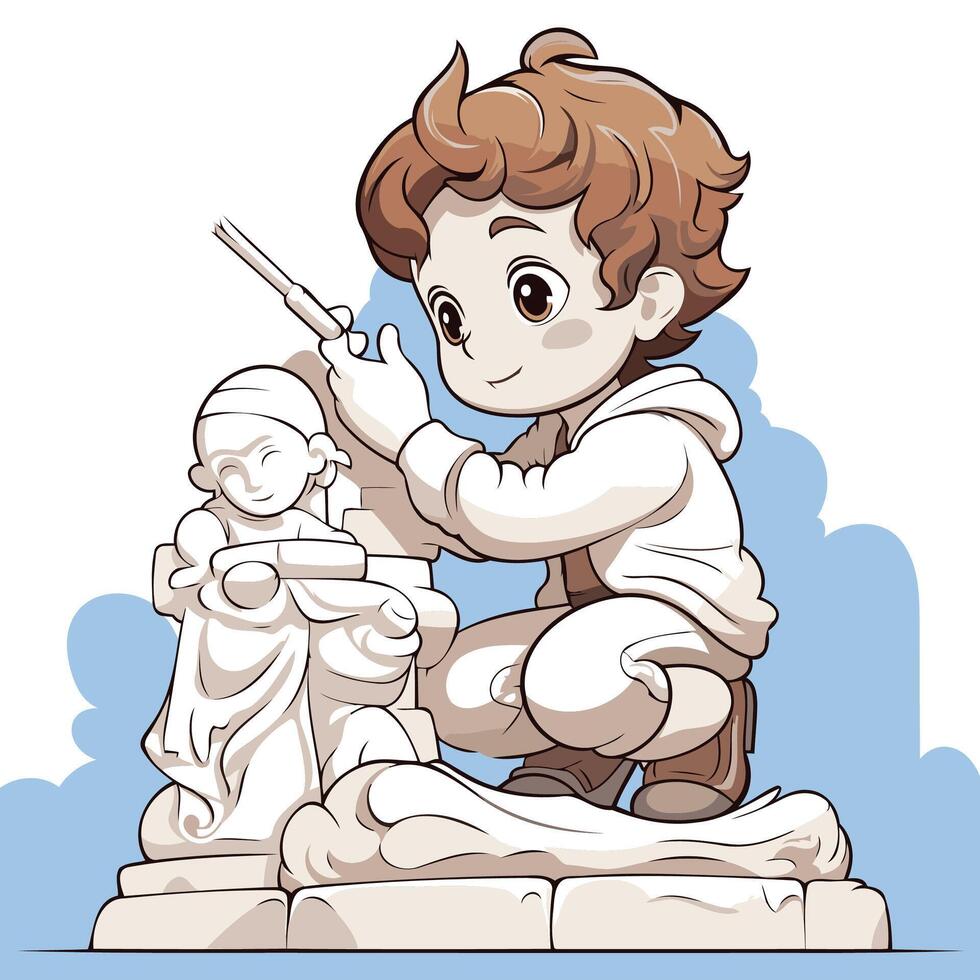 Illustration of a Little Boy Playing with a Sword and a Statue vector