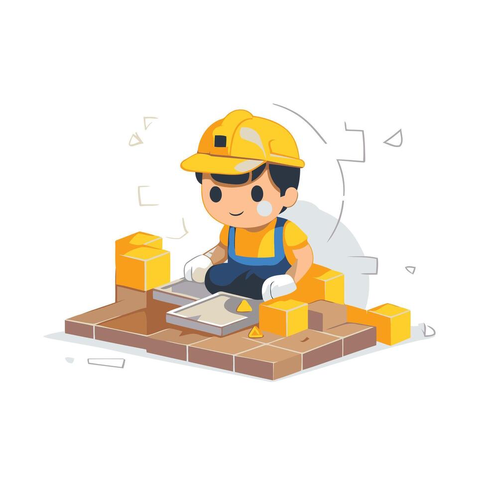 element illustration of bricklayer worker installing bricks Flat style design vector