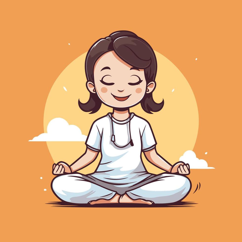 Young woman meditating in lotus position cartoon illustration vector