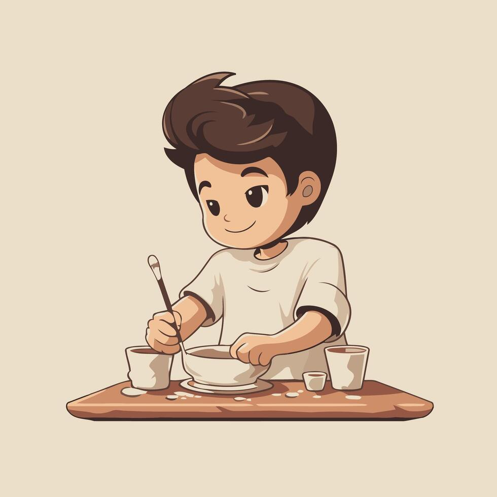 Cute little boy having breakfast element illustration of a boy having breakfast vector