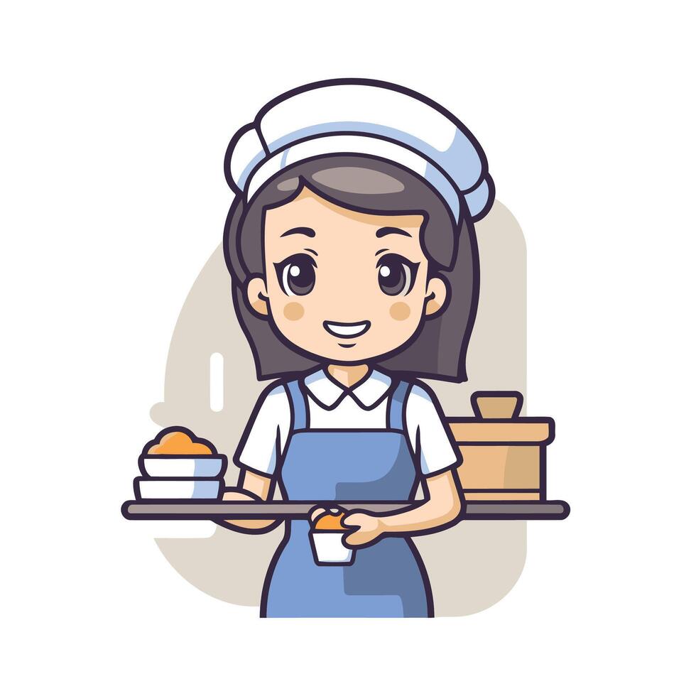 Cute girl chef holding a plate of bread element illustration vector