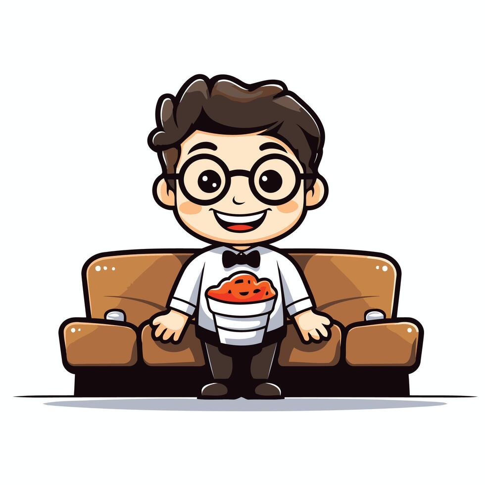 Cute cartoon man sitting on sofa and eating pizza element illustration vector