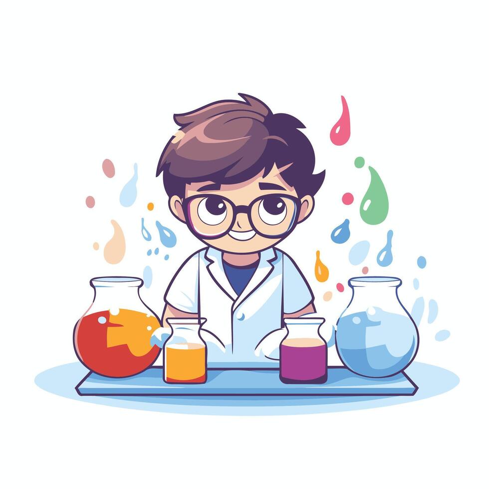 Cute little boy scientist in the laboratory element cartoon illustration vector