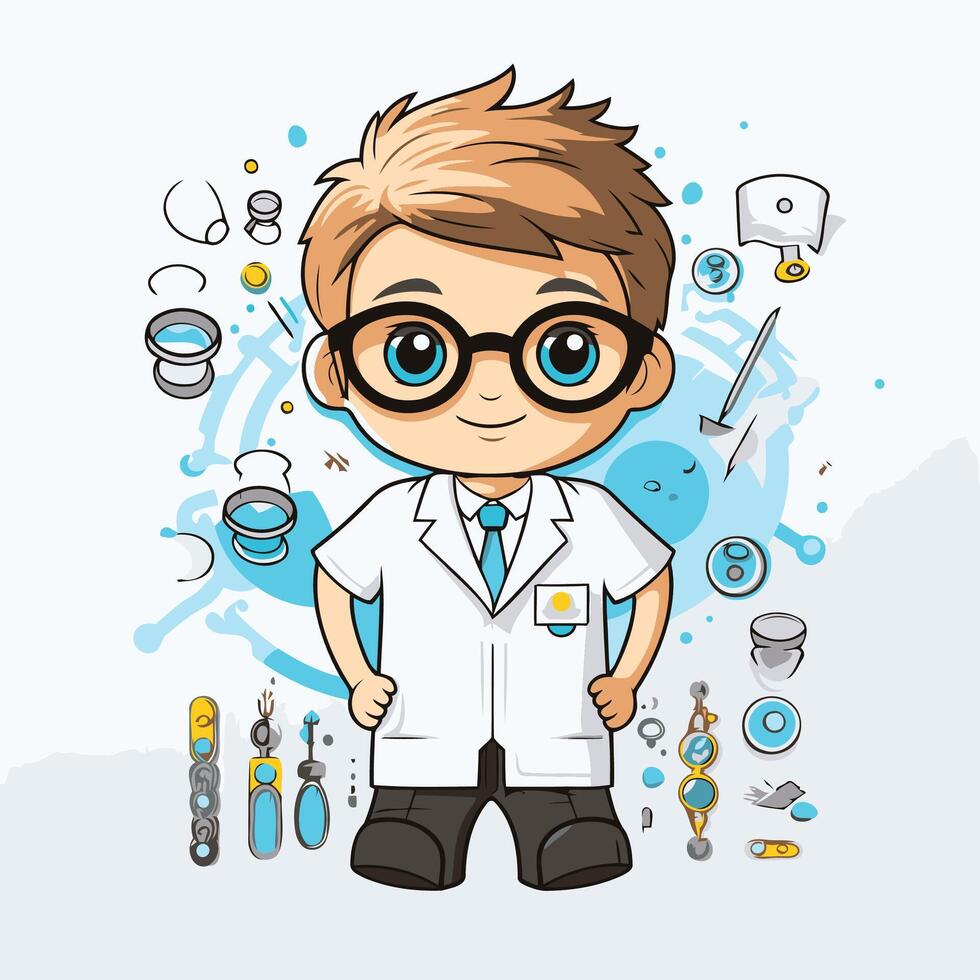 Cute little boy in glasses and lab coat element illustration vector