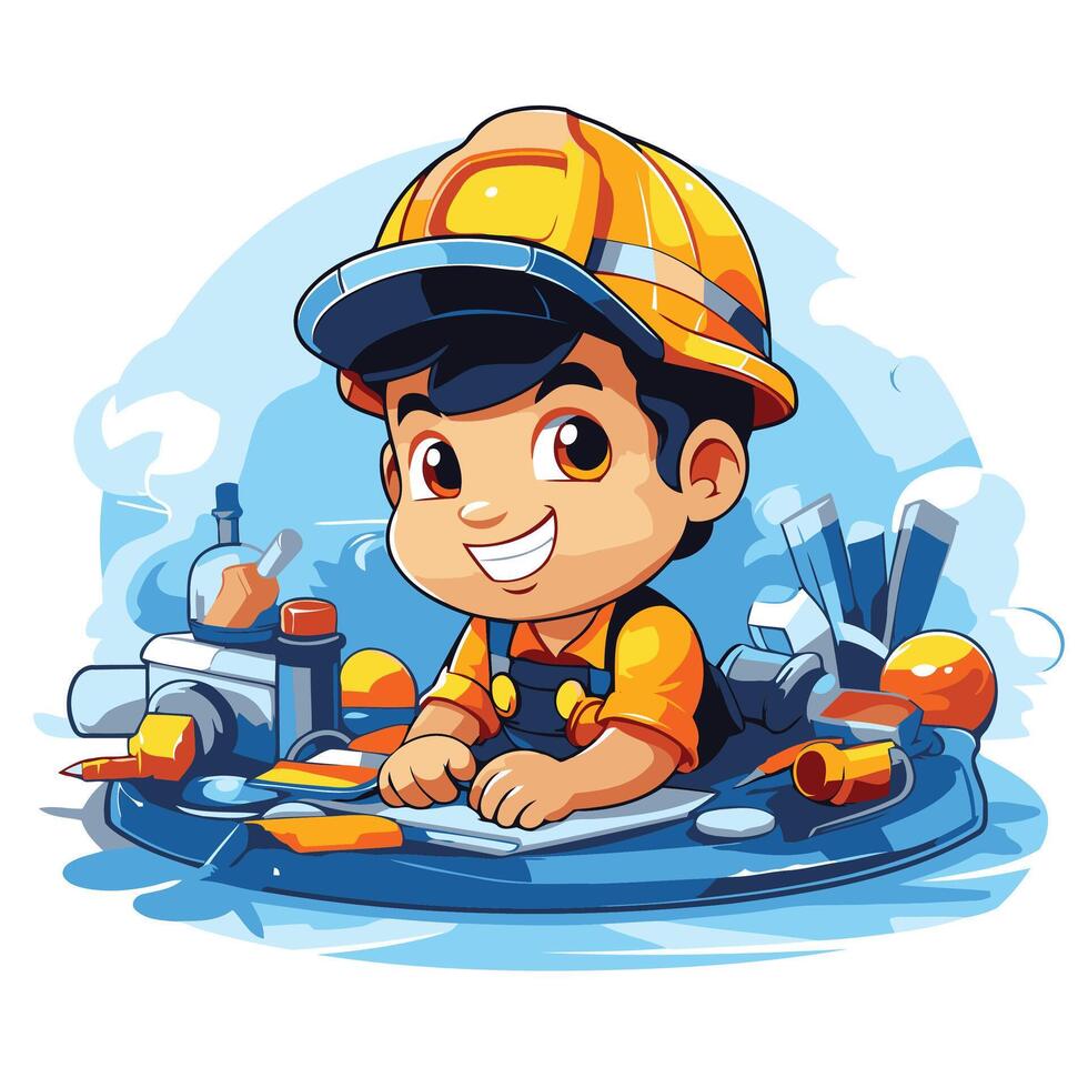 Illustration of a Cute Little Boy Wearing a Hard Hat and Working Outdoors vector