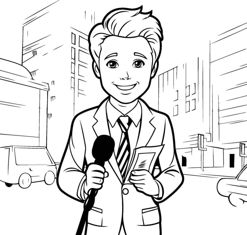 Cartoon news reporter with microphone on the street element illustration vector
