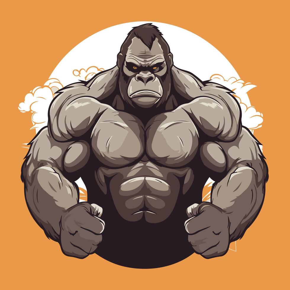element illustration of a strong gorilla with big muscles on orange background vector
