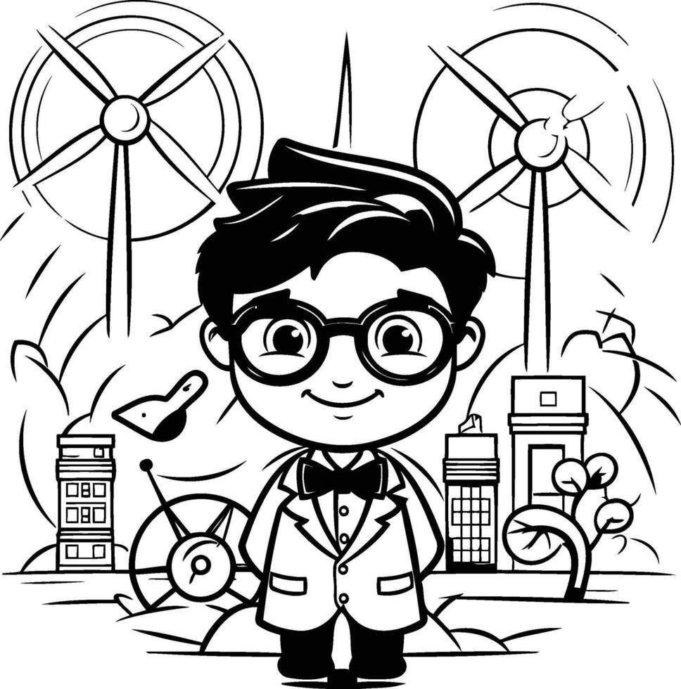 Black and White Cartoon Illustration of Kid Boy Wearing School Uniform and Glasses for Coloring Book vector