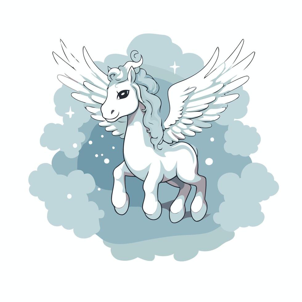 Unicorn with wings and clouds illustration for your design vector