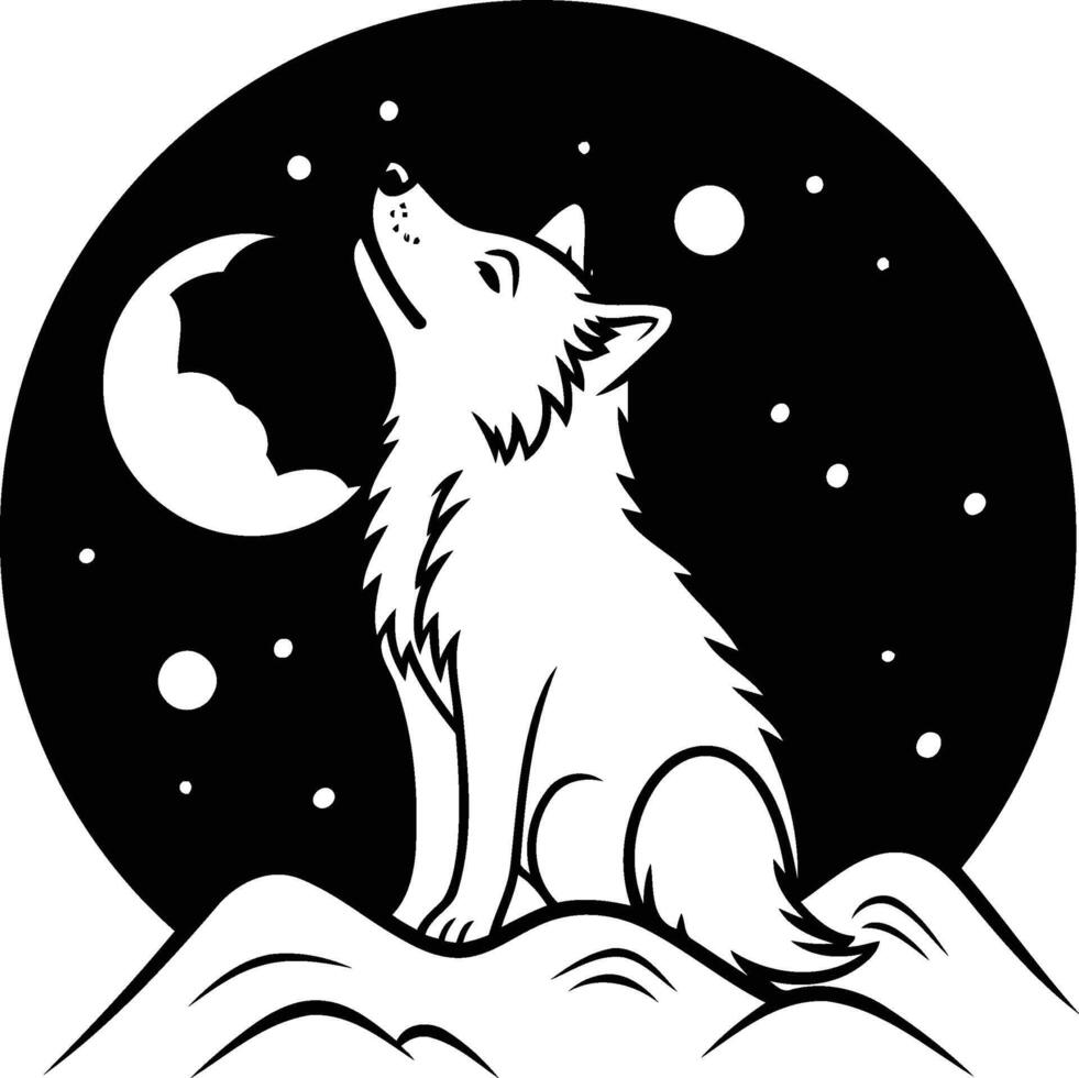 Black and white illustration of a wolf howling at the moon vector