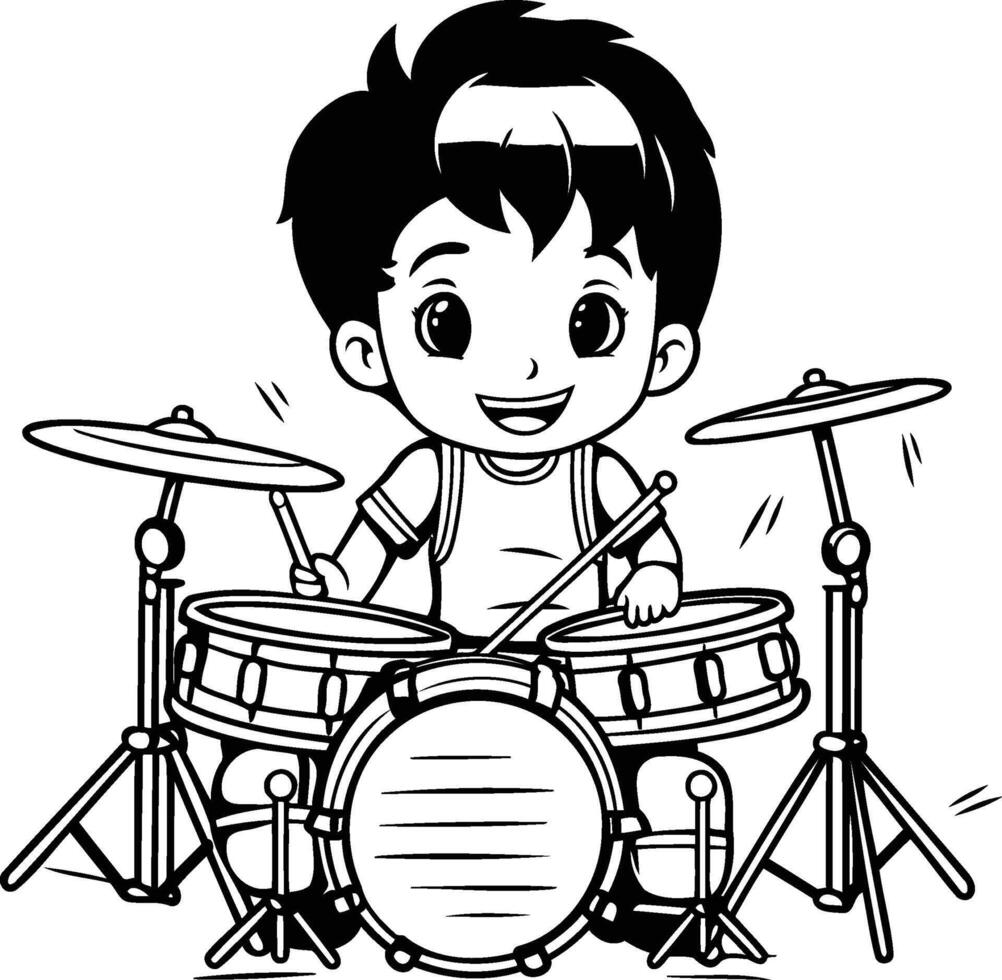 Boy Playing Drums Black and White Cartoon Illustration vector