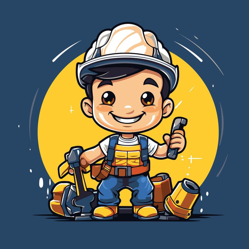 Cute little builder boy with a tool in his hand element illustration vector