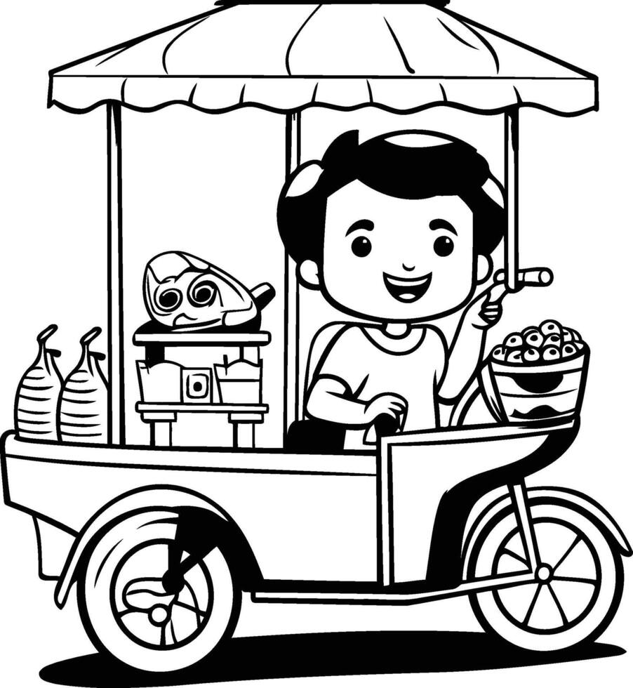 Cute cartoon man riding a cart with food element illustration vector