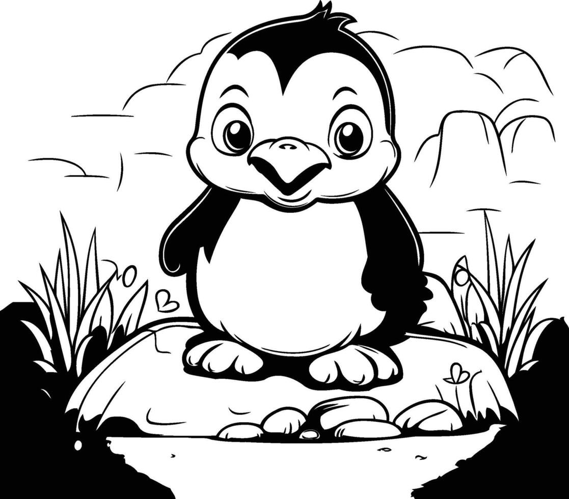 Black and White Cartoon Illustration of Cute Penguin Animal Character for Coloring Book vector