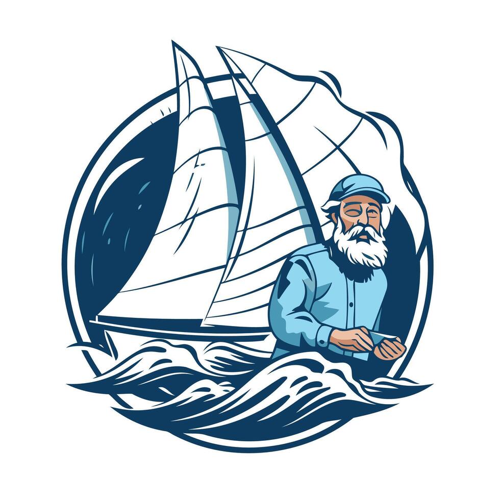 Sailing yacht illustration of a sailing yacht with a bearded man in a blue shirt and hat vector