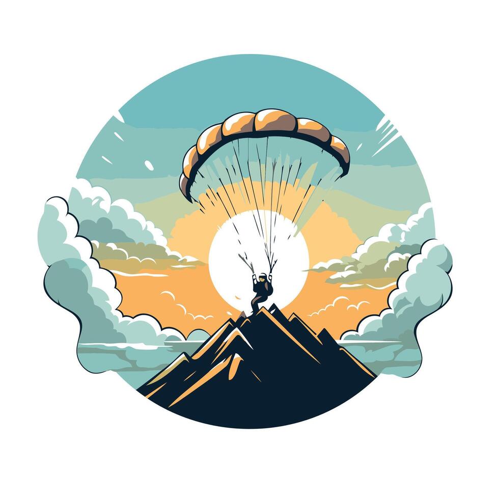 Paraglider flying over the mountains illustration in retro style vector