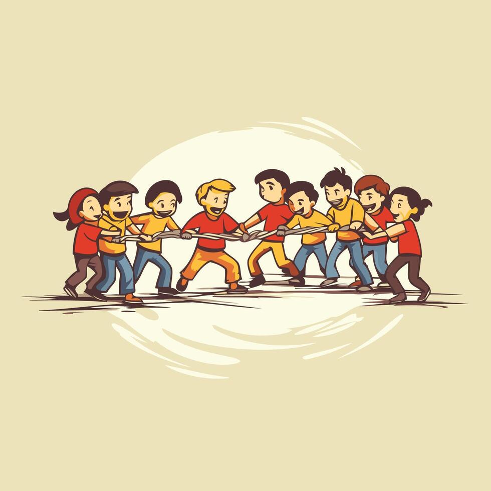 Group of kids playing tug of war cartoon illustration graphic design vector