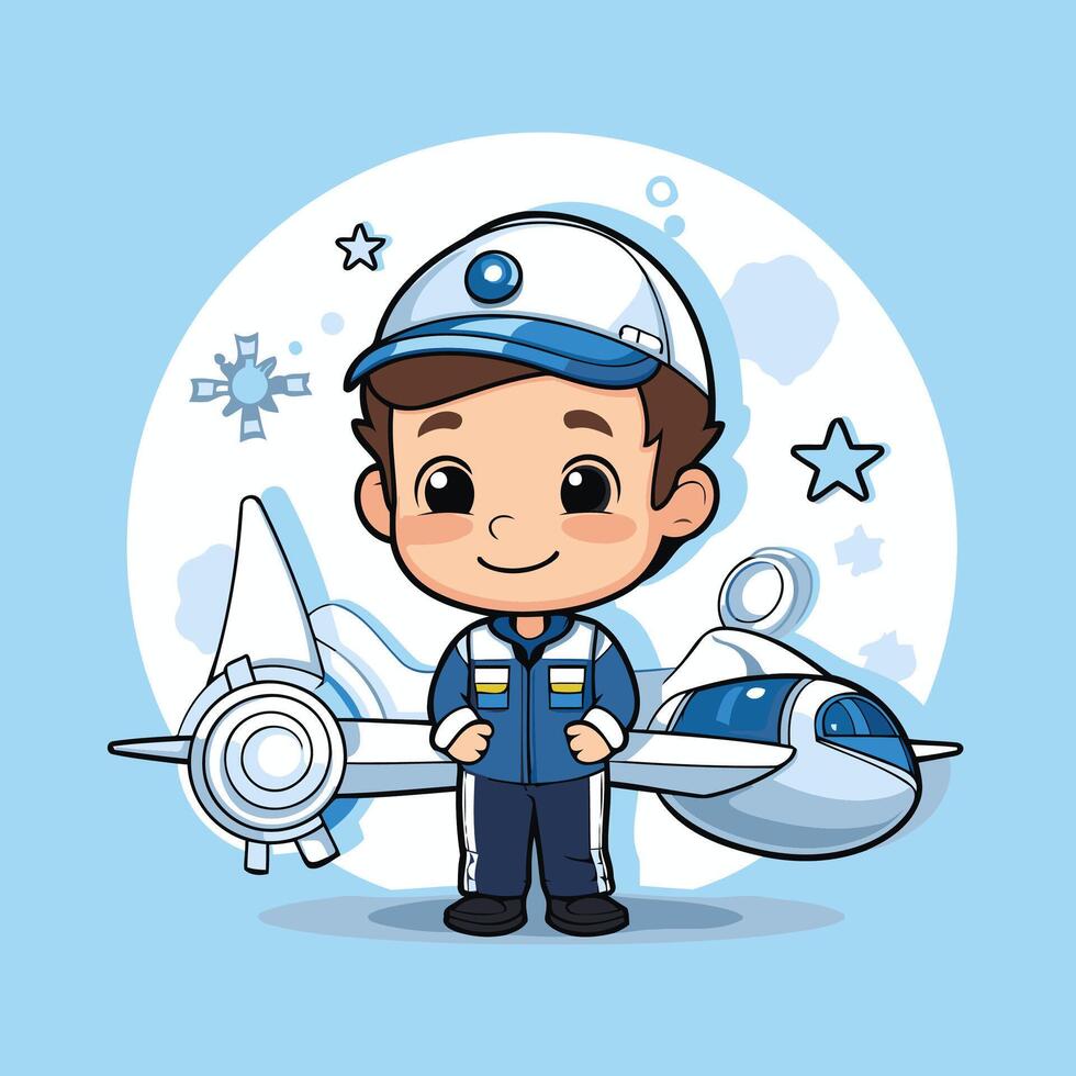 Cute boy pilot with airplane over blue background element illustration graphic design vector
