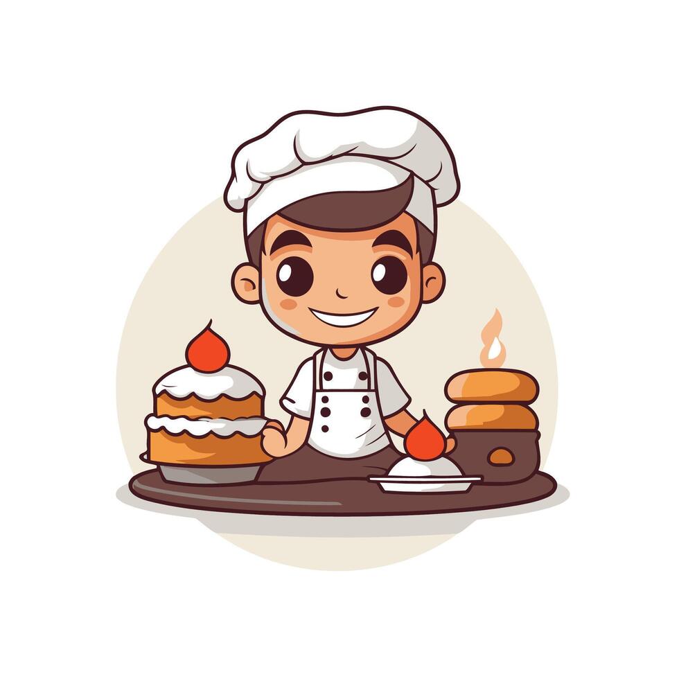 Cute cartoon boy chef with cake and candle illustration vector