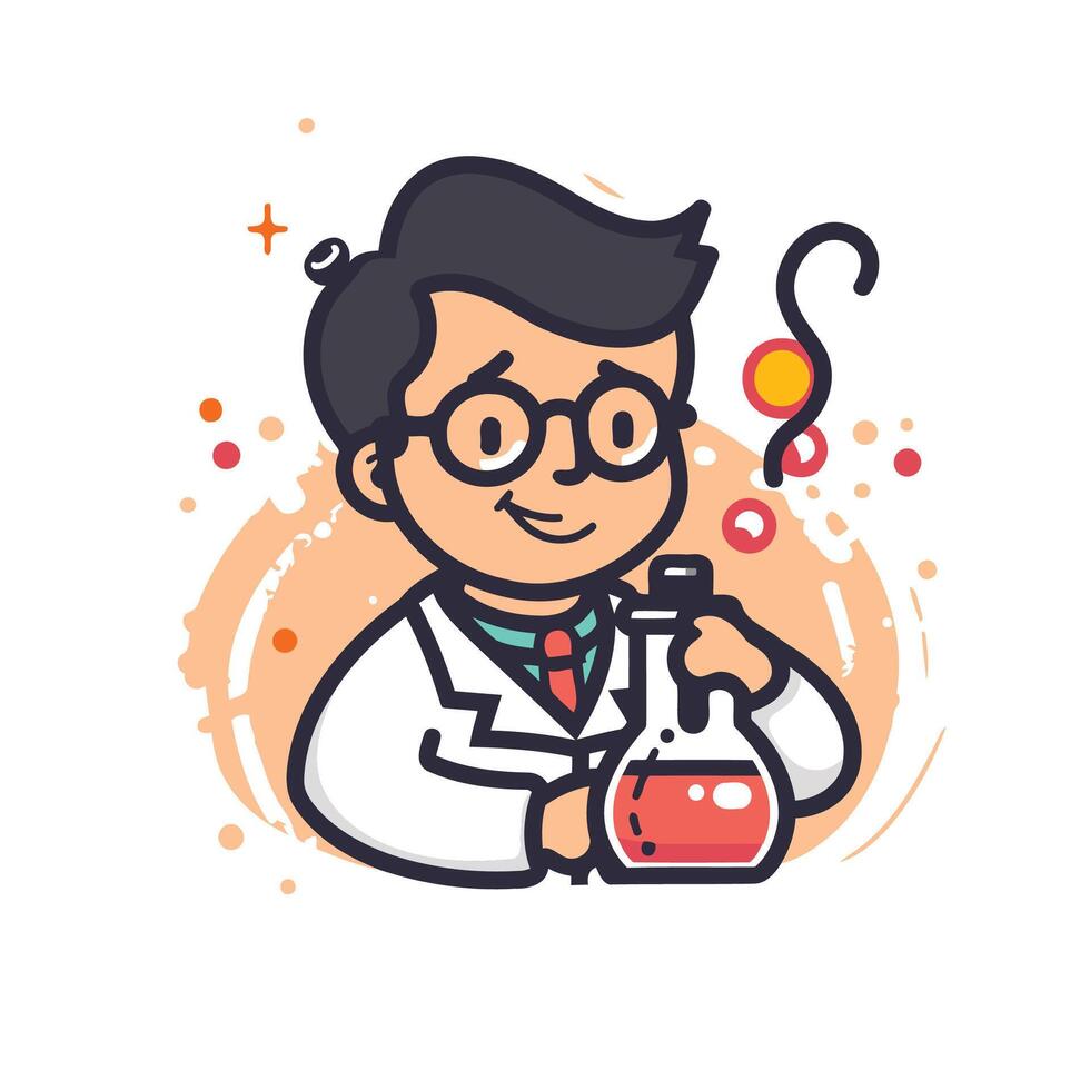 Scientist with chemical flask and question mark element illustration in flat style vector