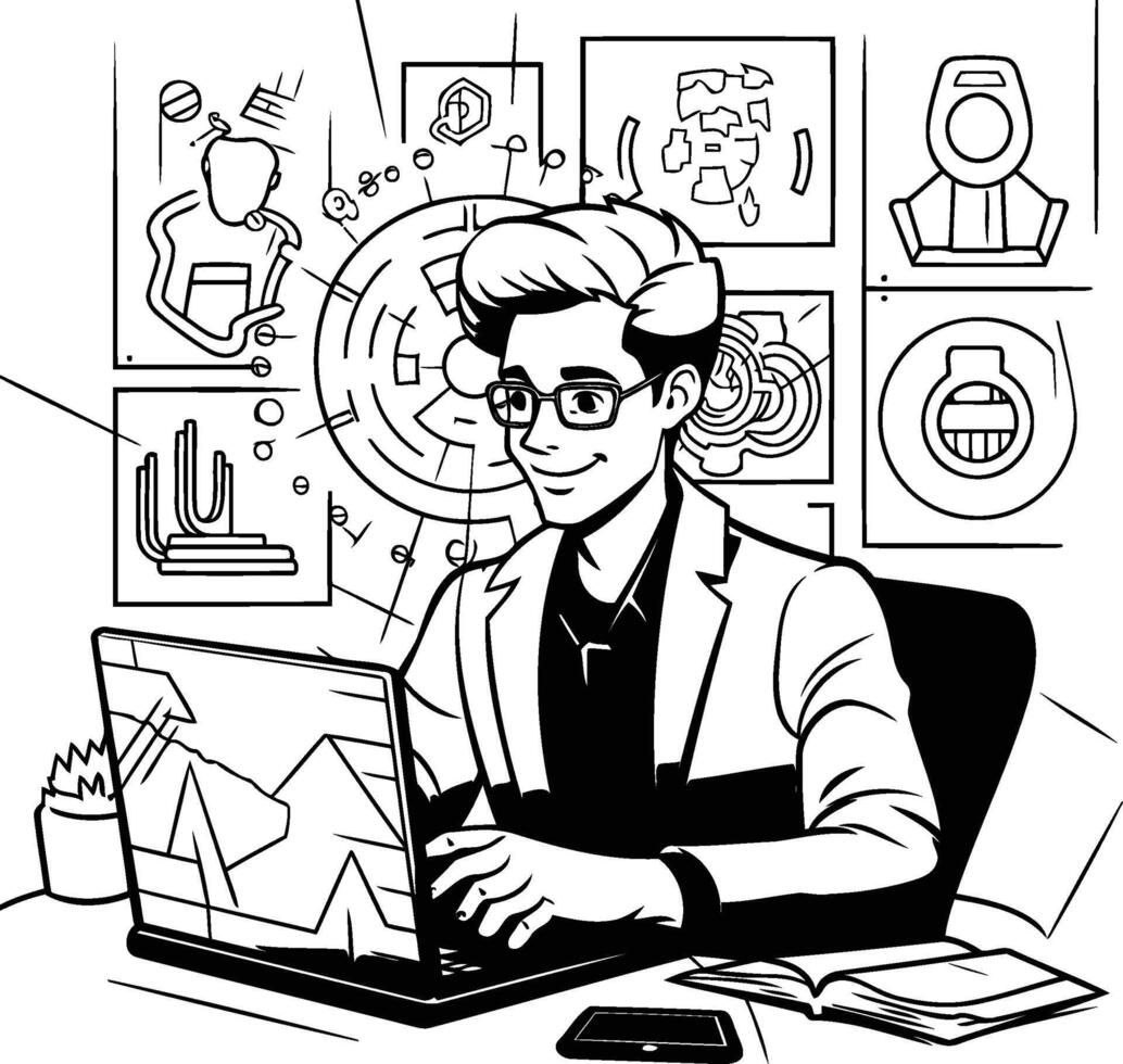 element illustration of a young man working on a laptop in his office vector