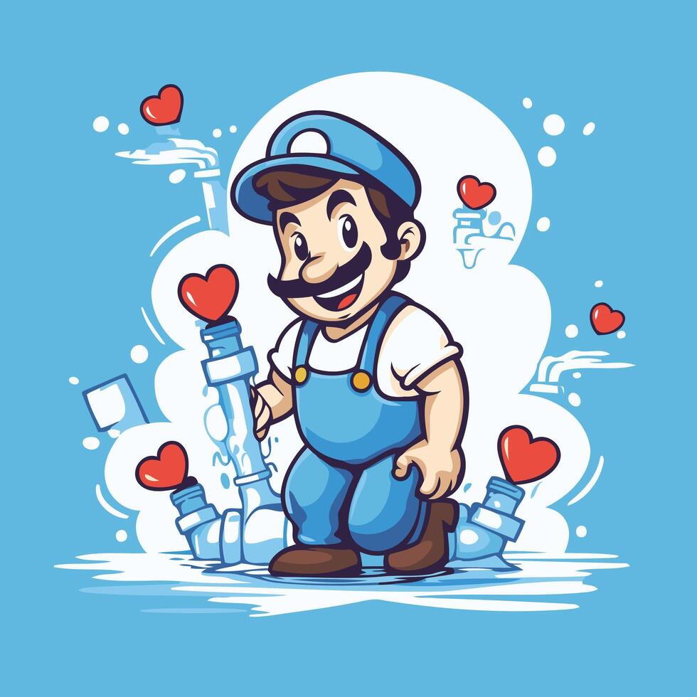 illustration of a cartoon plumber with heart shaped water pipes vector